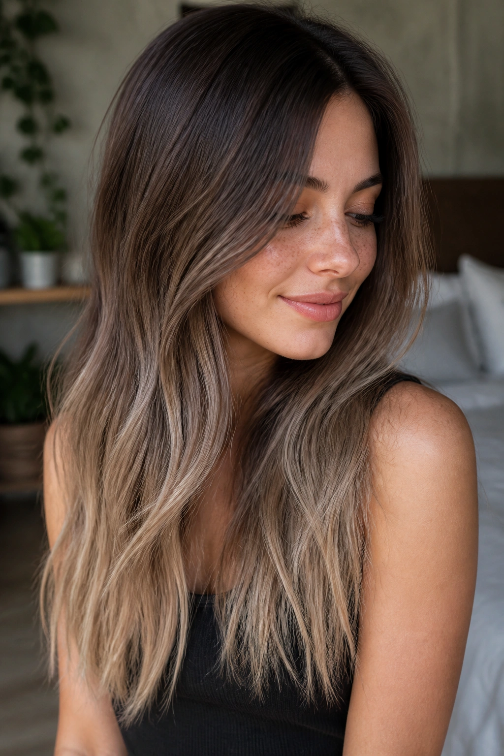 Close-up of a woman with taupe brown ombre on fine hair