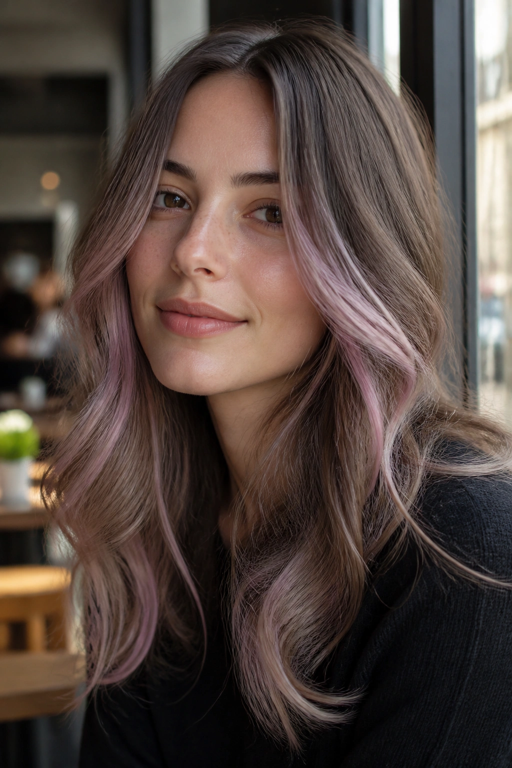 Close-up of taupe brown hair with soft orchid veils around the face on a real woman