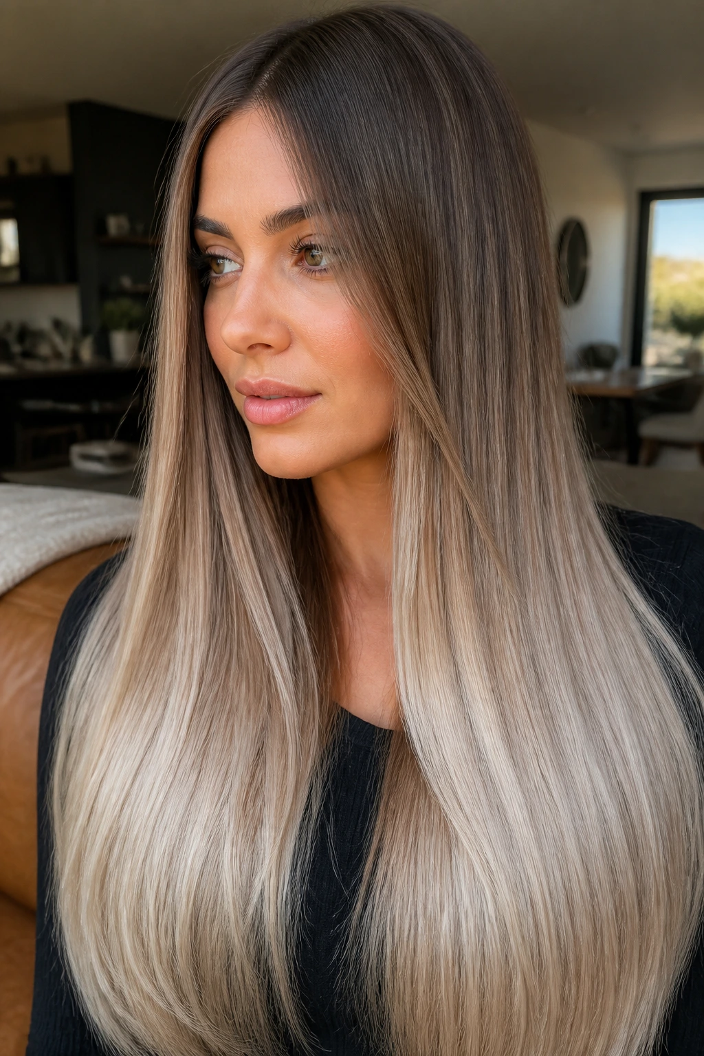 Close-up portrait of a real woman with taupe brown to pearl blonde ombre hair