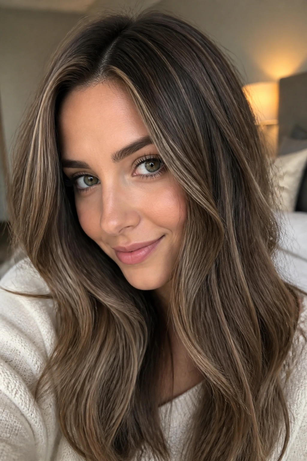 Close-up of a real woman's taupe brunette hair with fine babylights