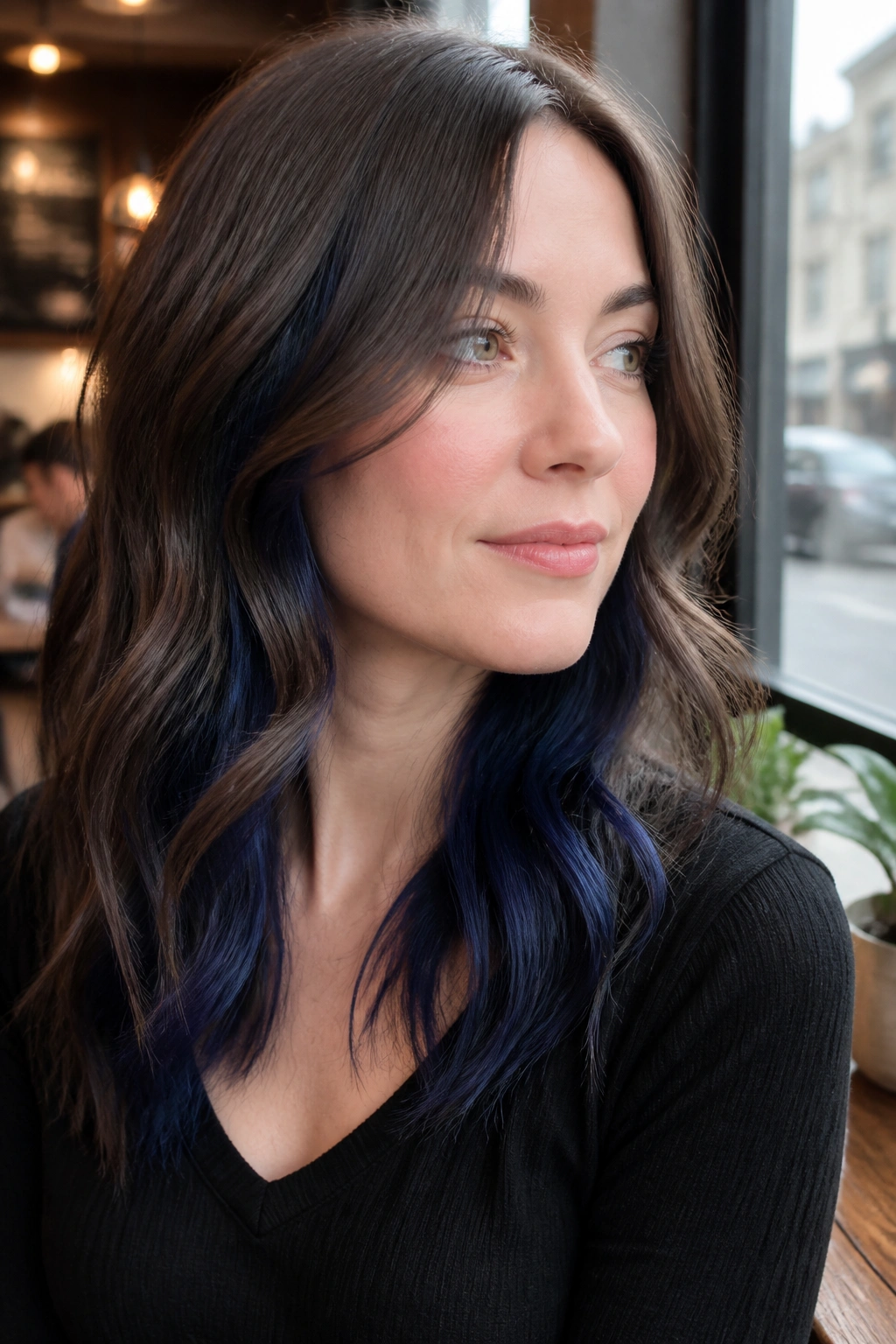 Close-up portrait of a real woman showing sapphire peekaboo panels under taupe brunette hair.