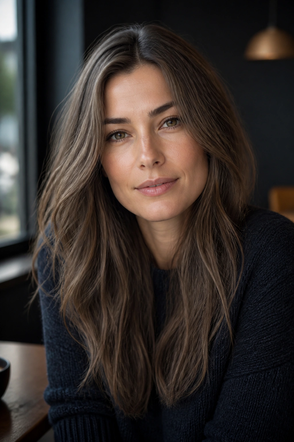 Close-up portrait of a person with taupe brunette hair in soft cafe light