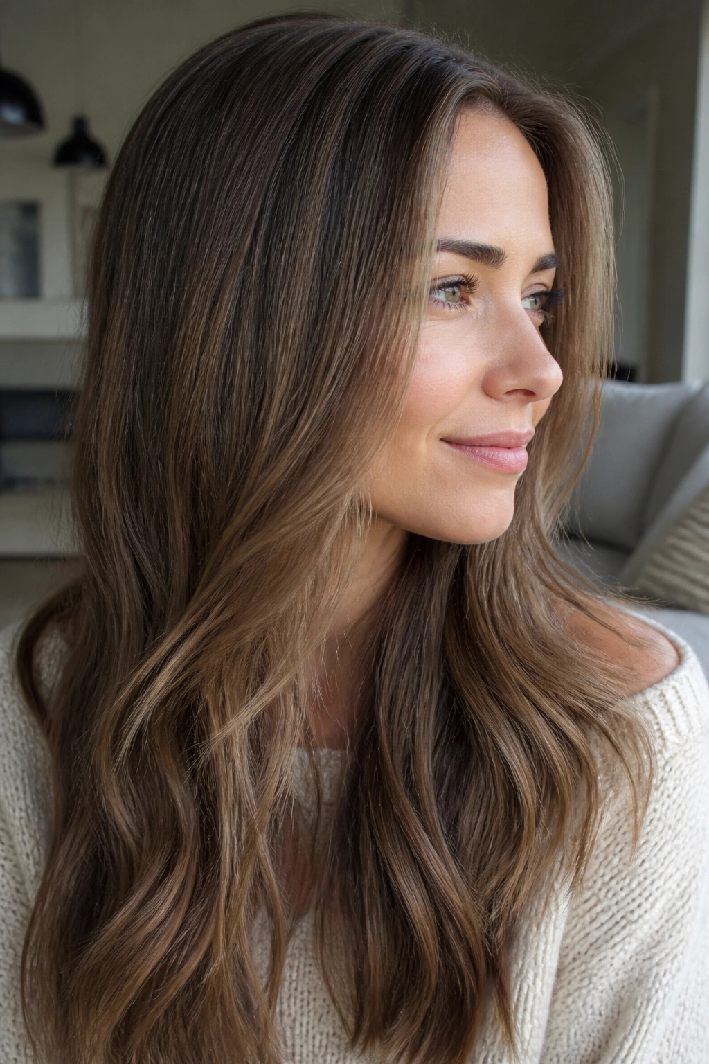 Close-up of hair with taupe caramel babylights on real person