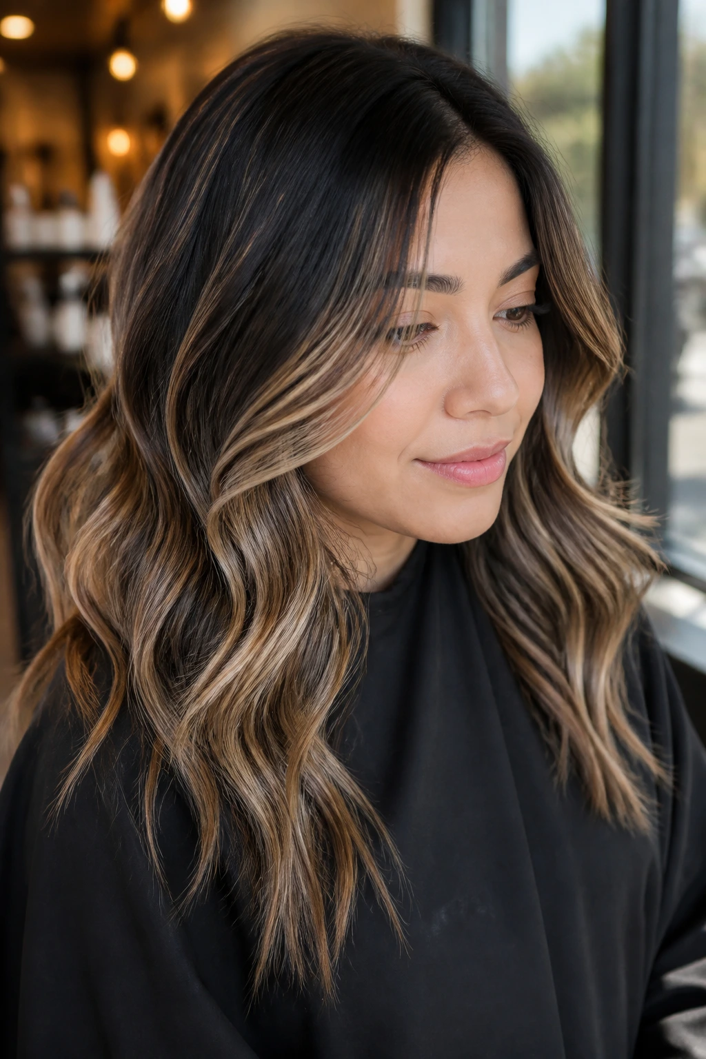 Dark hair with taupe caramel balayage on a real person.