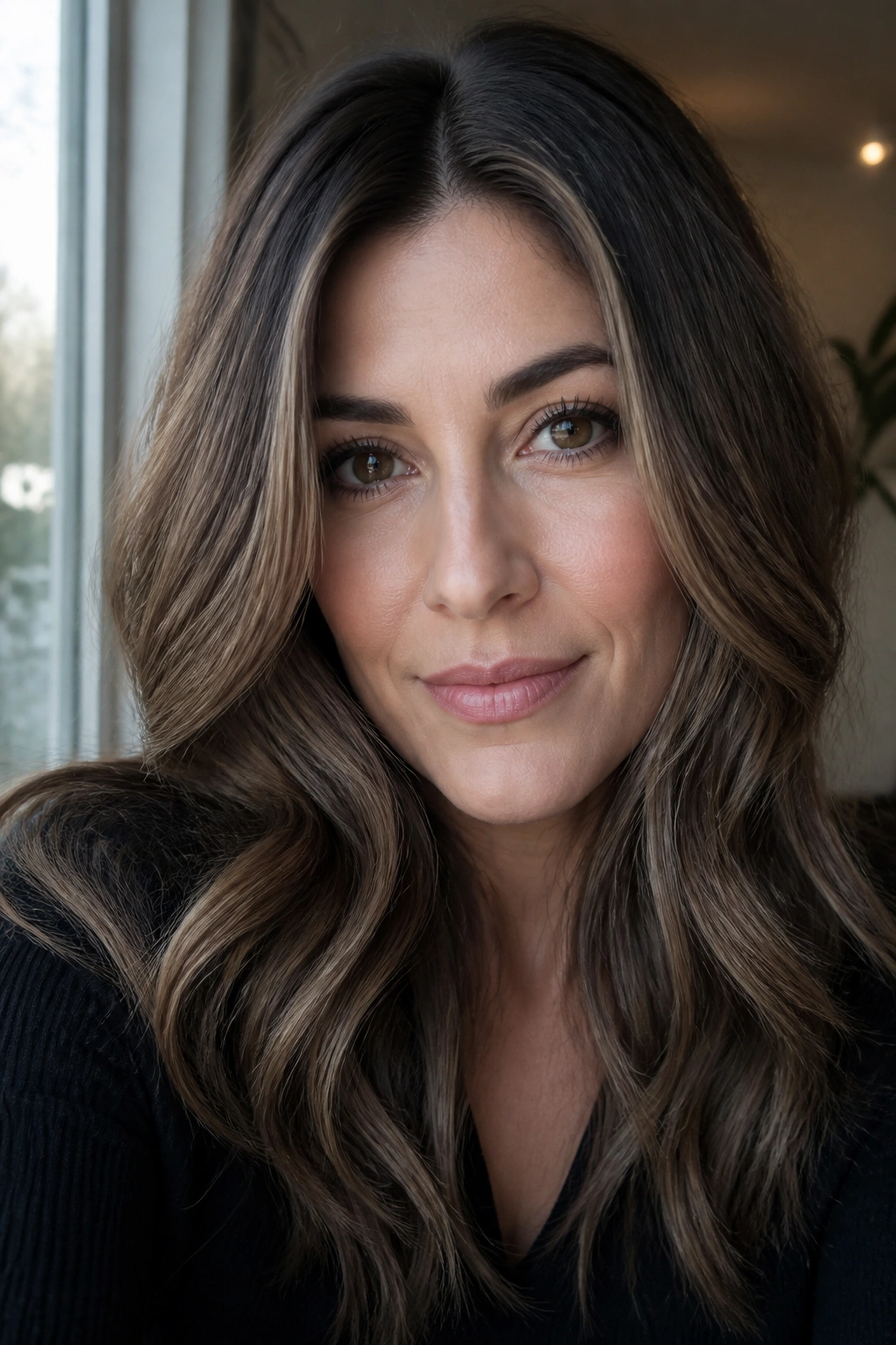 Close-up of real woman with taupe caramel highlights in dark brown hair under soft window light