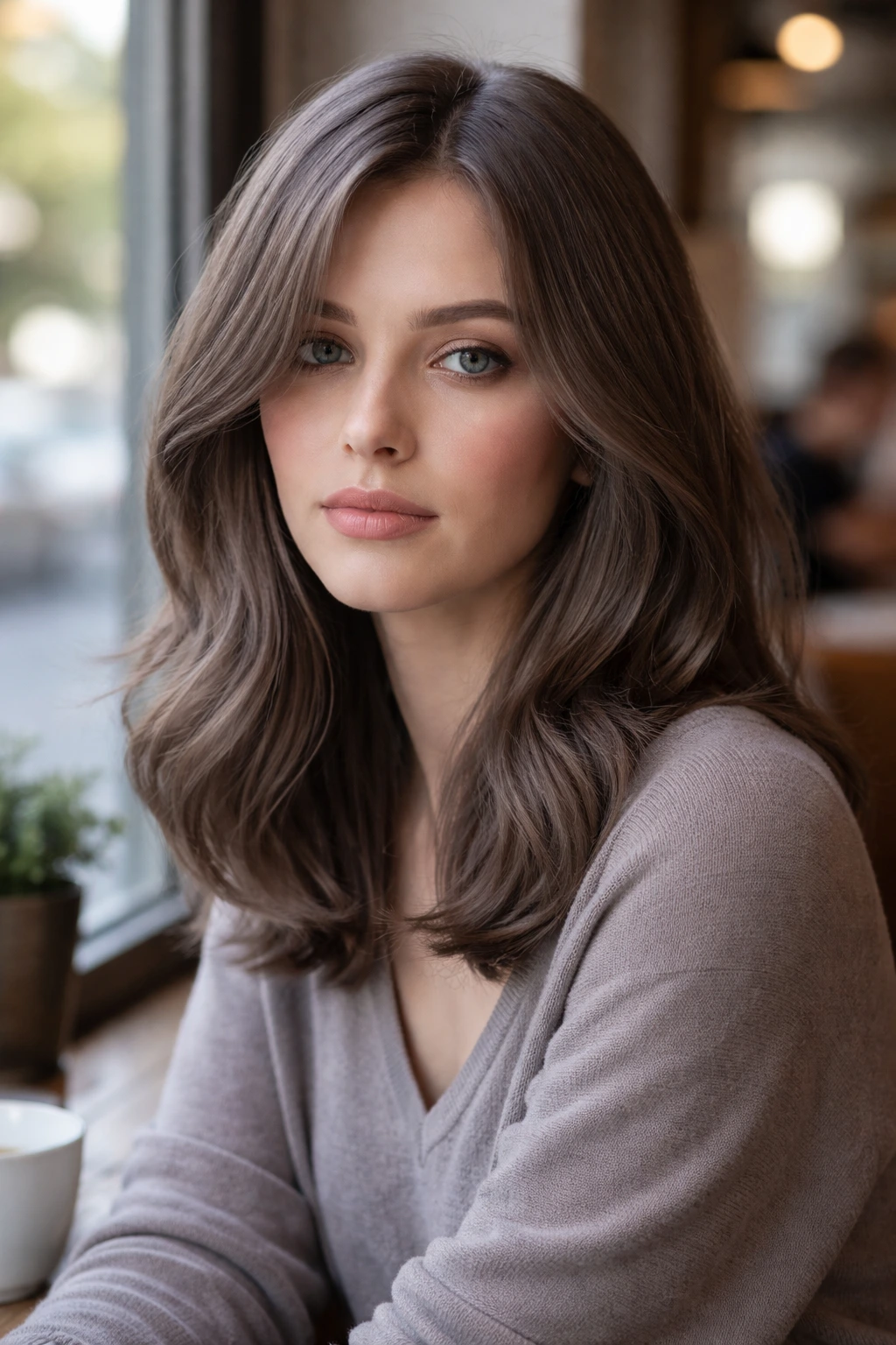 Close-up portrait of a person with taupe chestnut hair in cafe window light