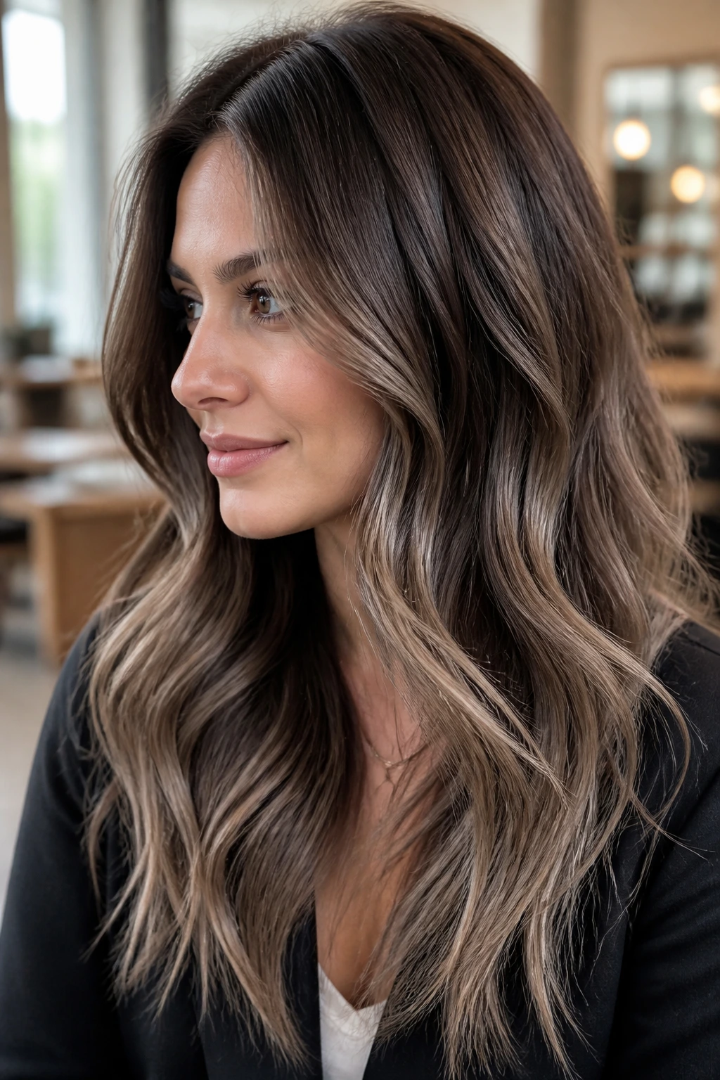 Brunette with taupe chocolate melt featuring seamless root-to-end blend