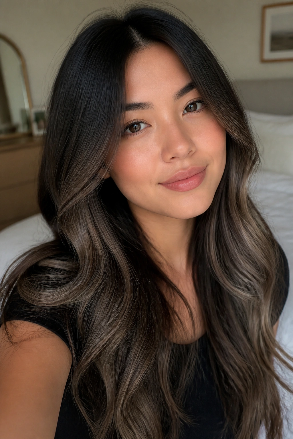 Close-up of taupe contour balayage on hair with soft shadowing
