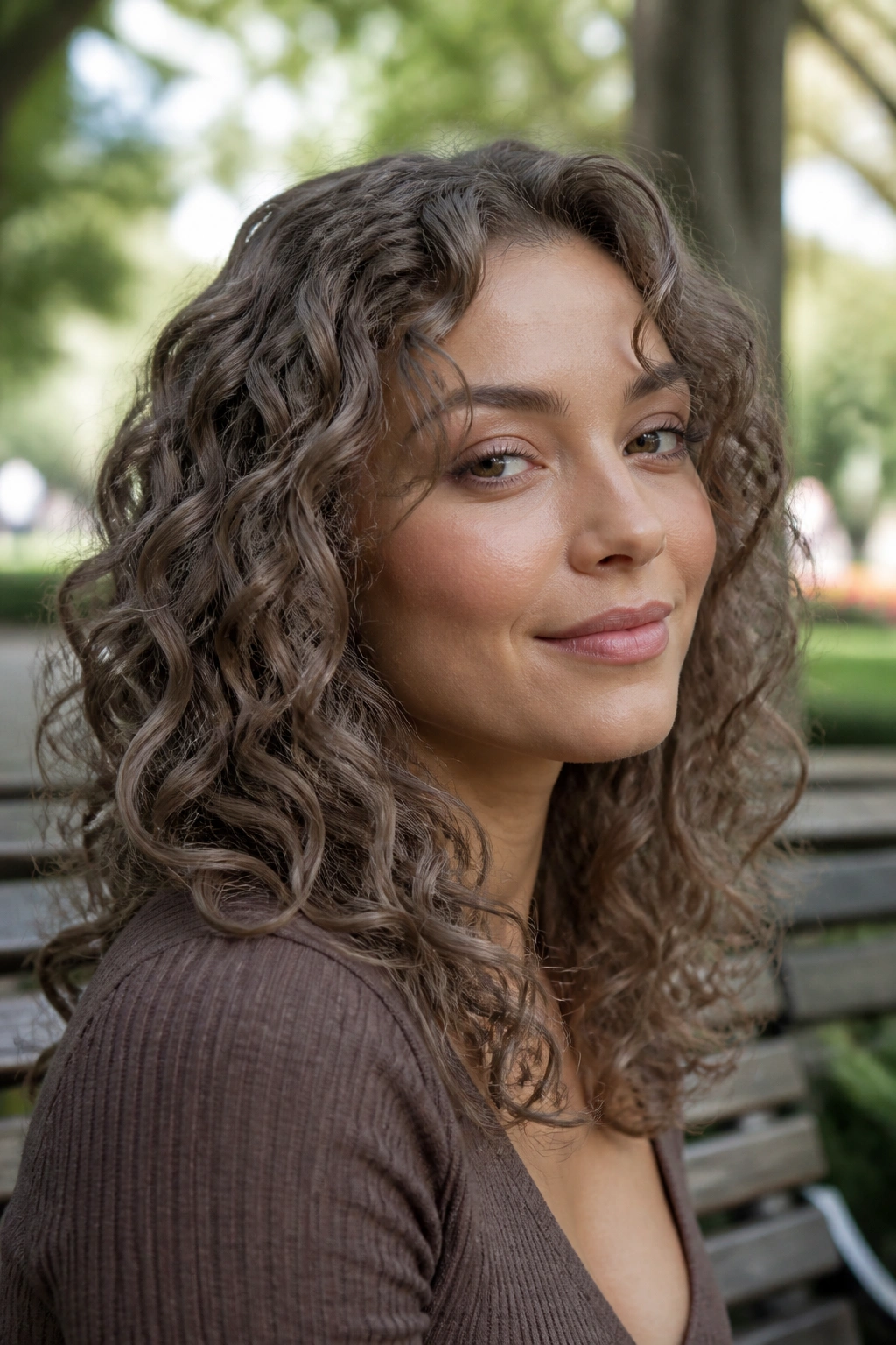 Portrait of a woman with glossy taupe curls in natural light.