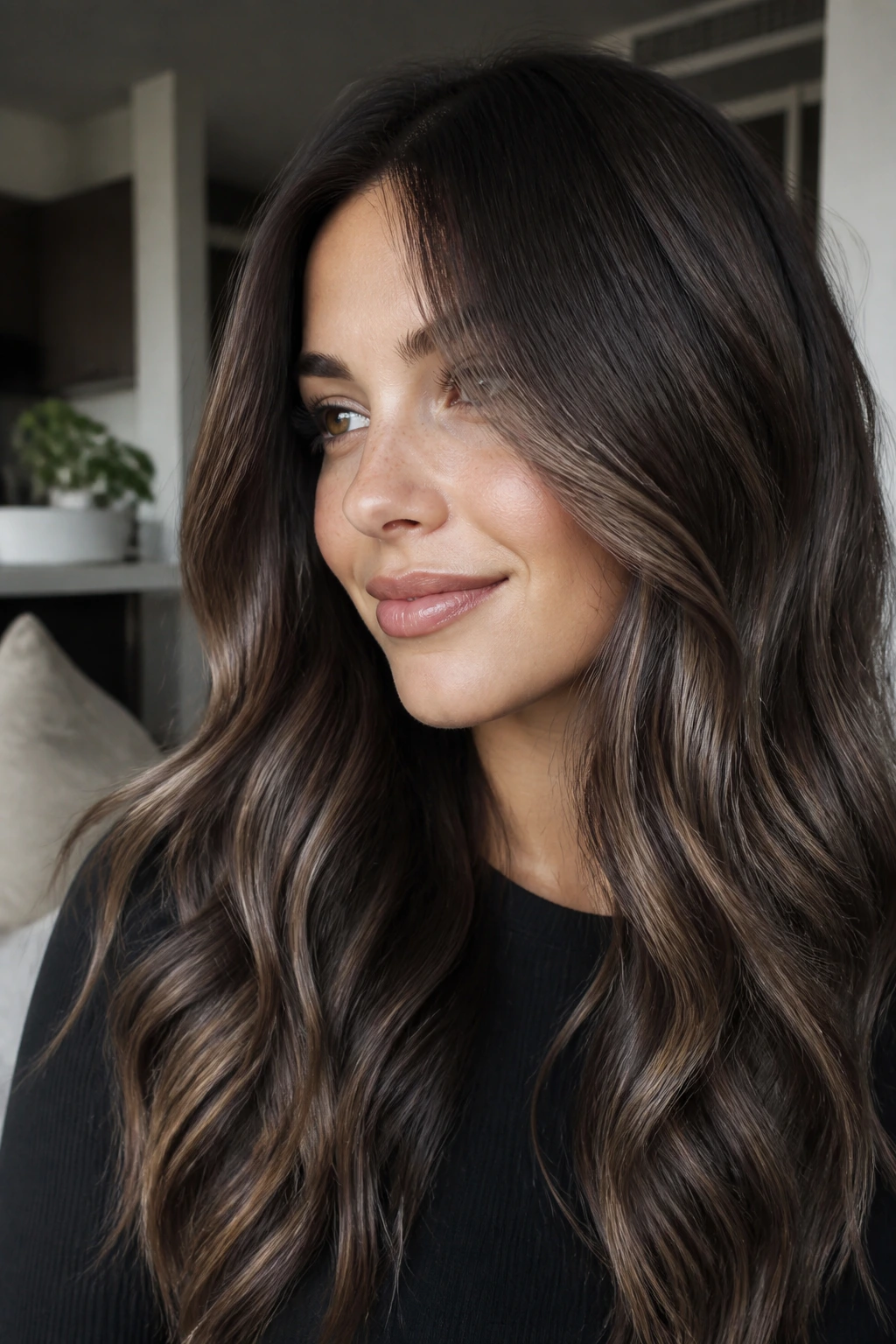 Close-up portrait of a woman with deep brunette hair and taupe foils