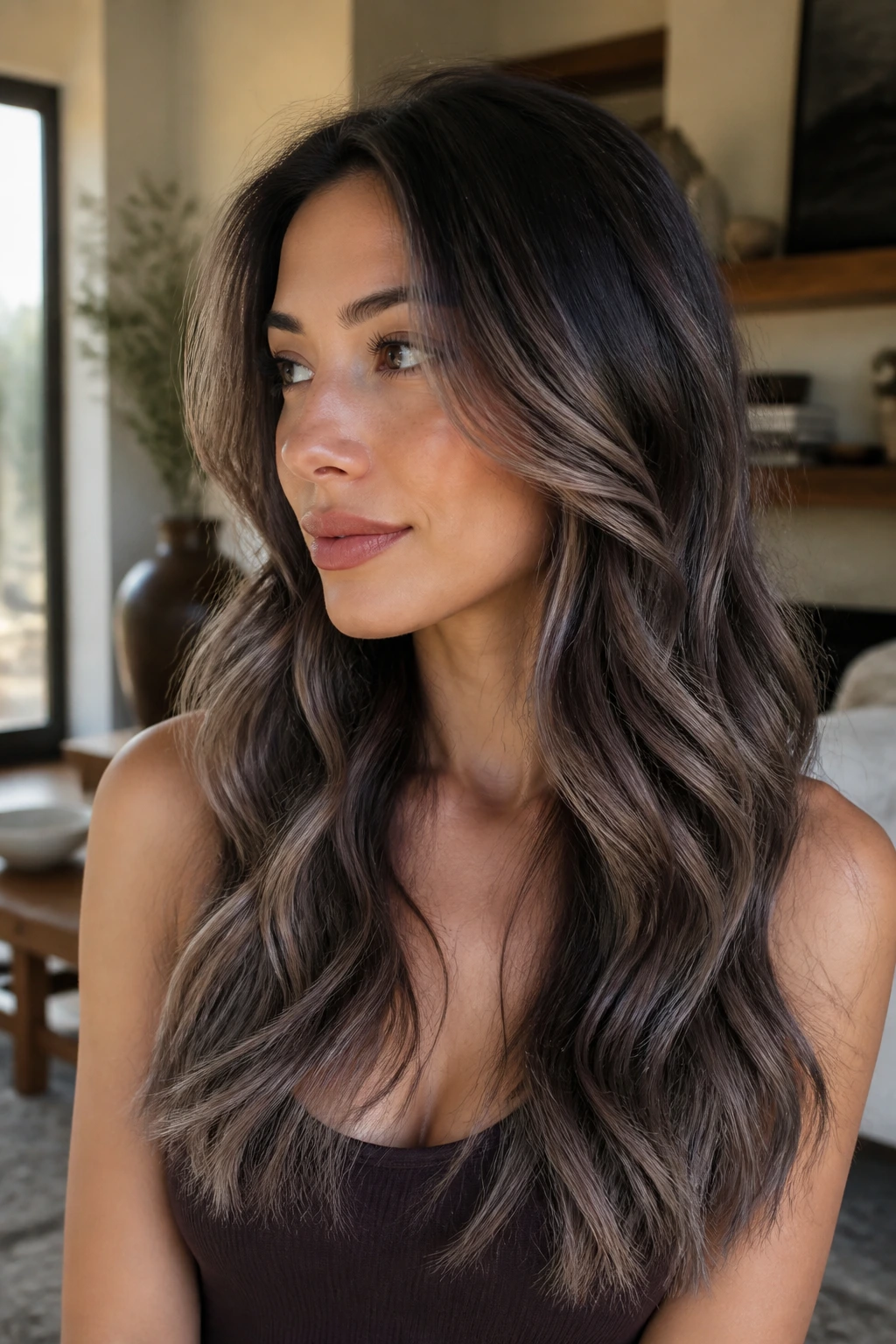 Close-up of brunette hair with cool taupe-grey accents