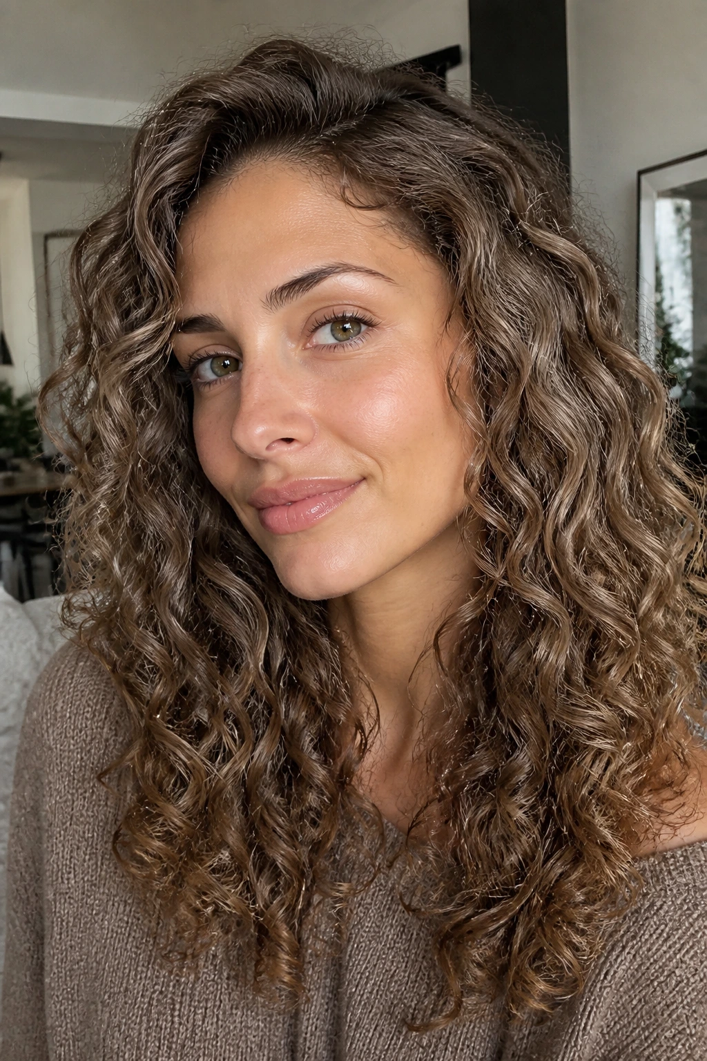 Close-up of a woman with taupe hazelnut curls showing dimensional color under natural light.