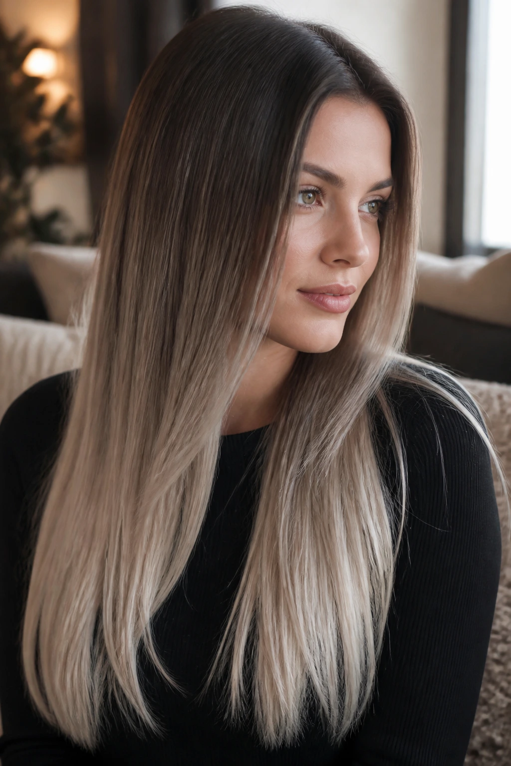 Close-up of a real woman with taupe-to-ivory ends on long straight hair