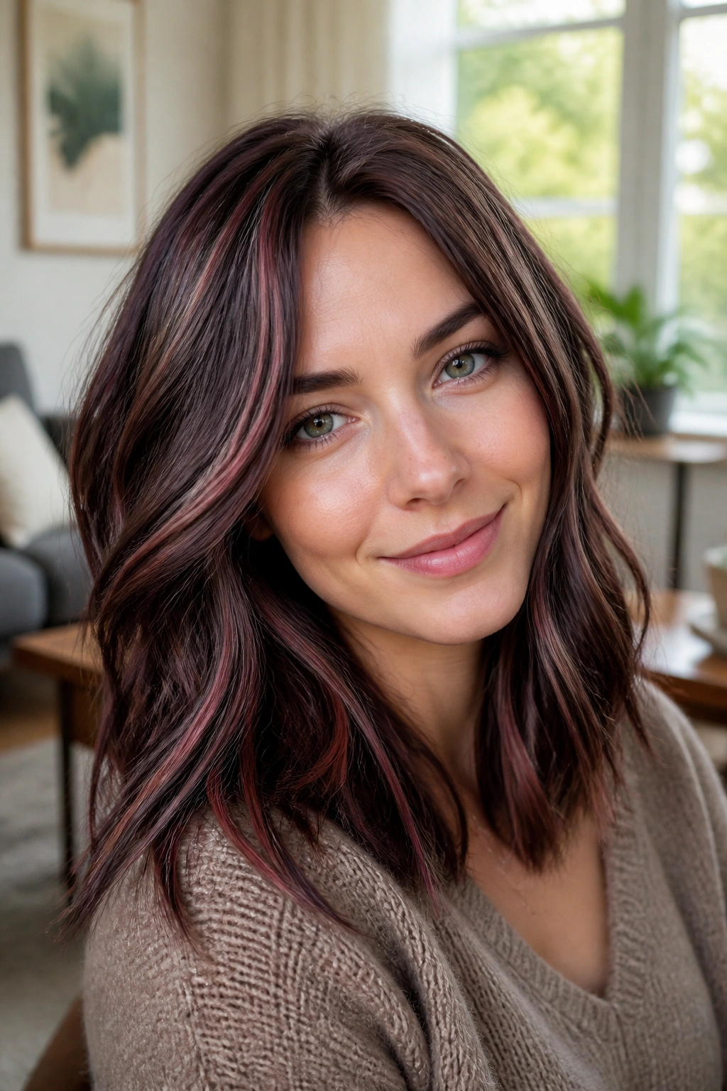 Close-up portrait of woman with taupe lowlight mahogany hair for cool skin tones.