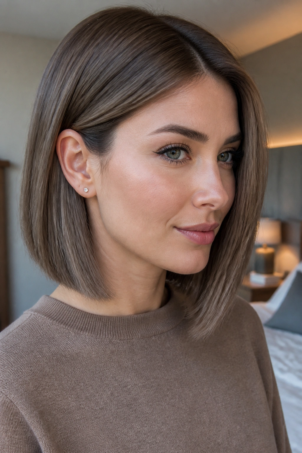 Close-up portrait of a real woman with taupe mocha lob and a clean edge, cool-brunette