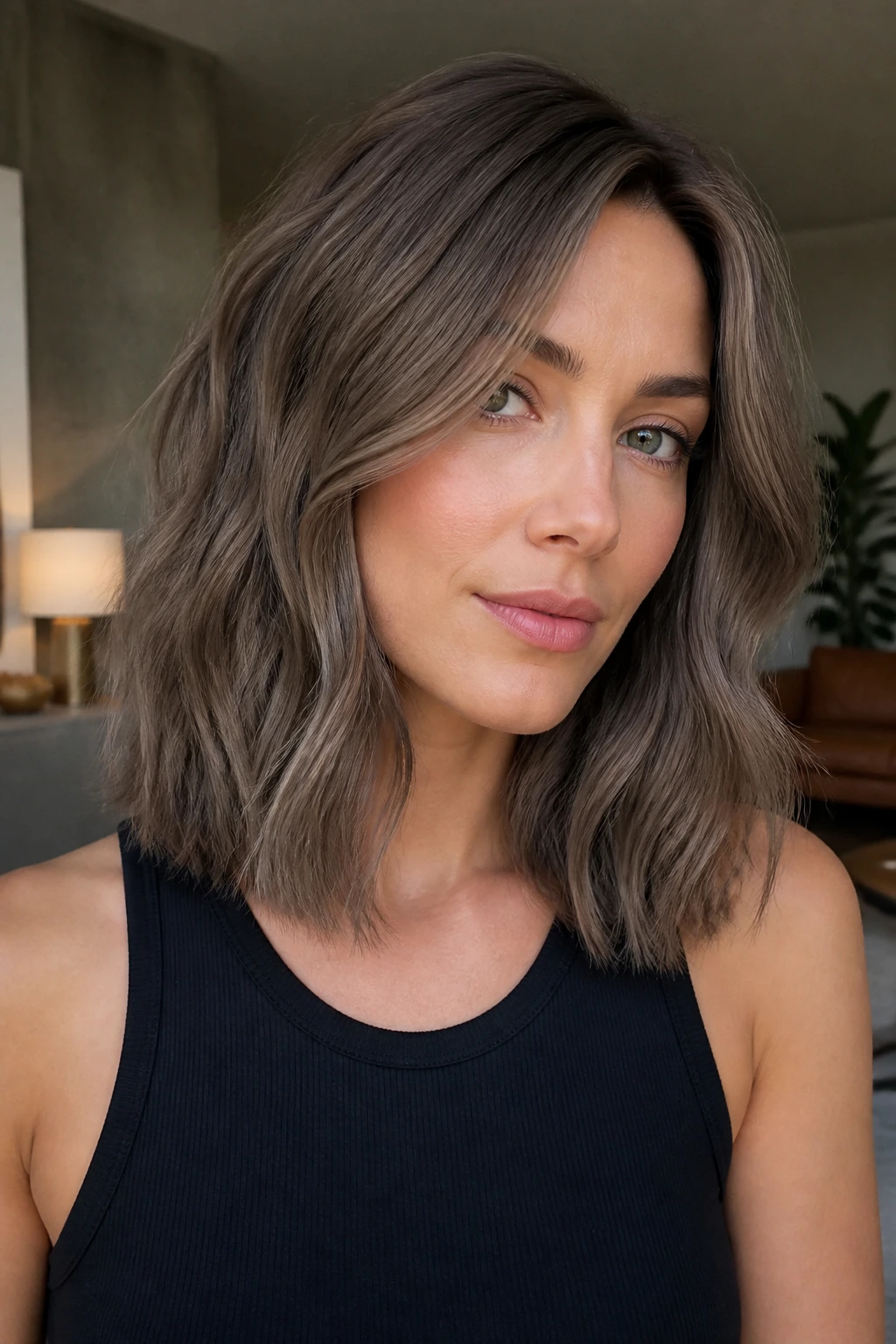 Close-up of a real woman with soft taupe mocha on a lob hairstyle in cool brunette tones