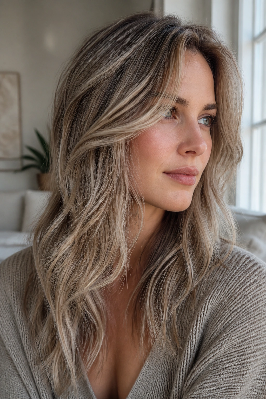 Close-up portrait of a real woman with Taupe Blonde Ribbon Lights in natural daylight.