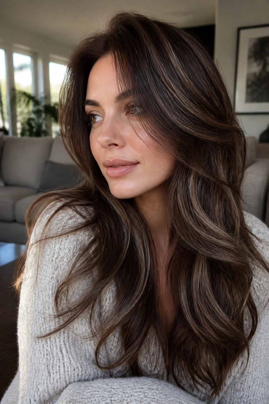 Portrait of real person with chestnut hair and taupe ribbons highlights