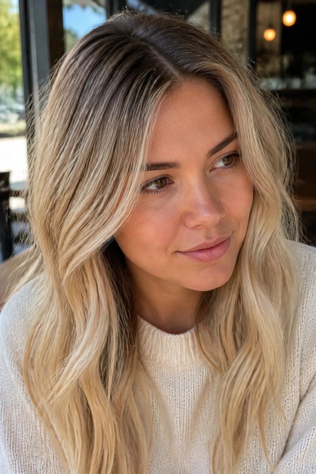 Close-up of taupe root on sandy blonde hair on a real person