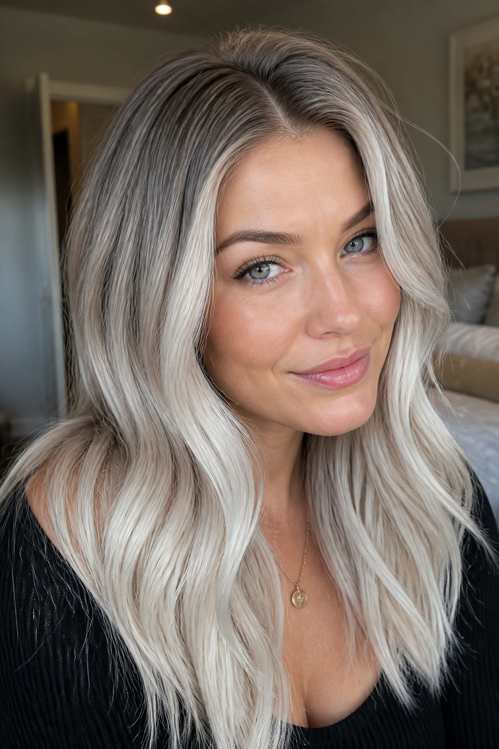 Close-up of cool taupe roots fading into platinum blonde on a real woman