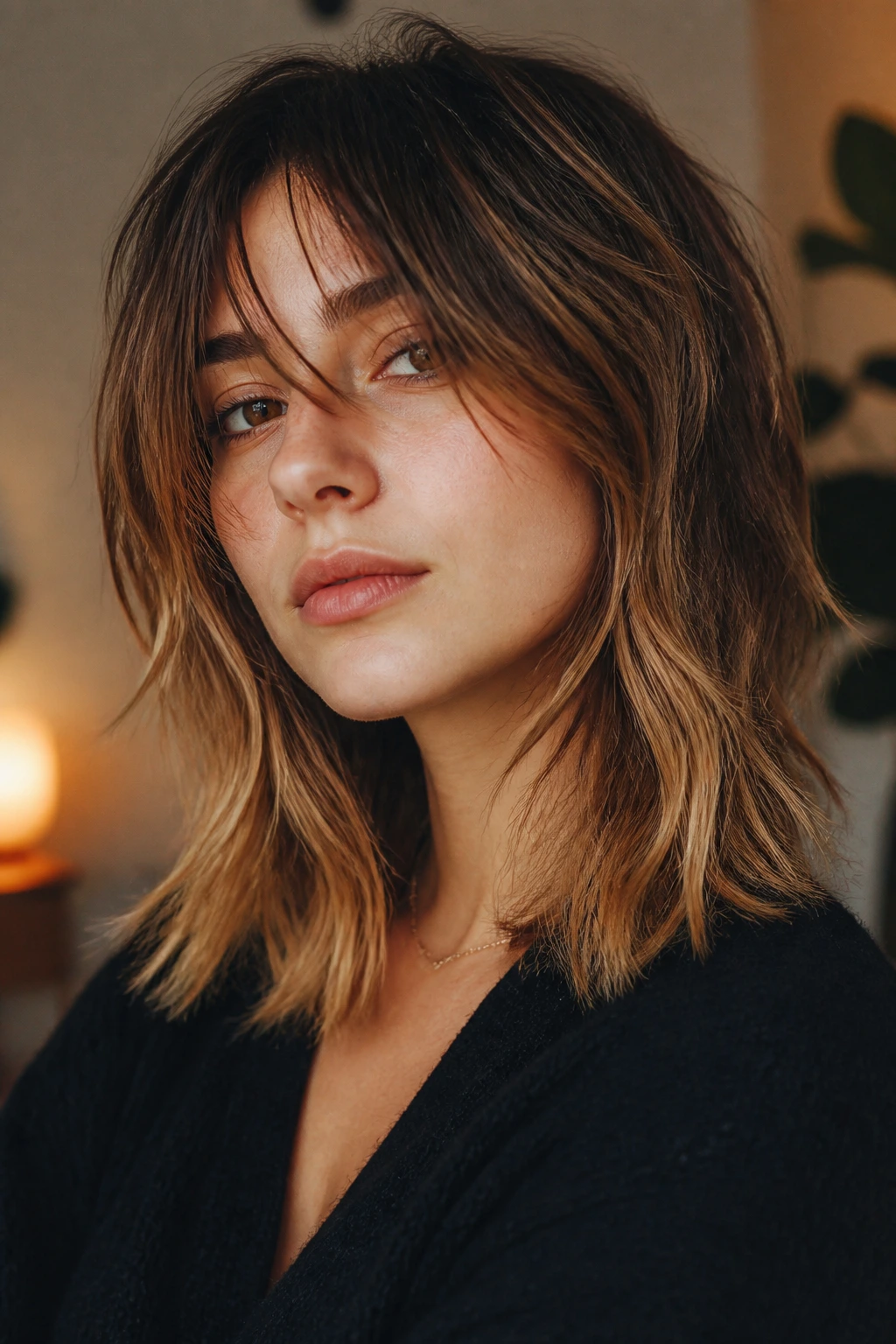 Close-up of tawny ends on shag hairstyle on real person
