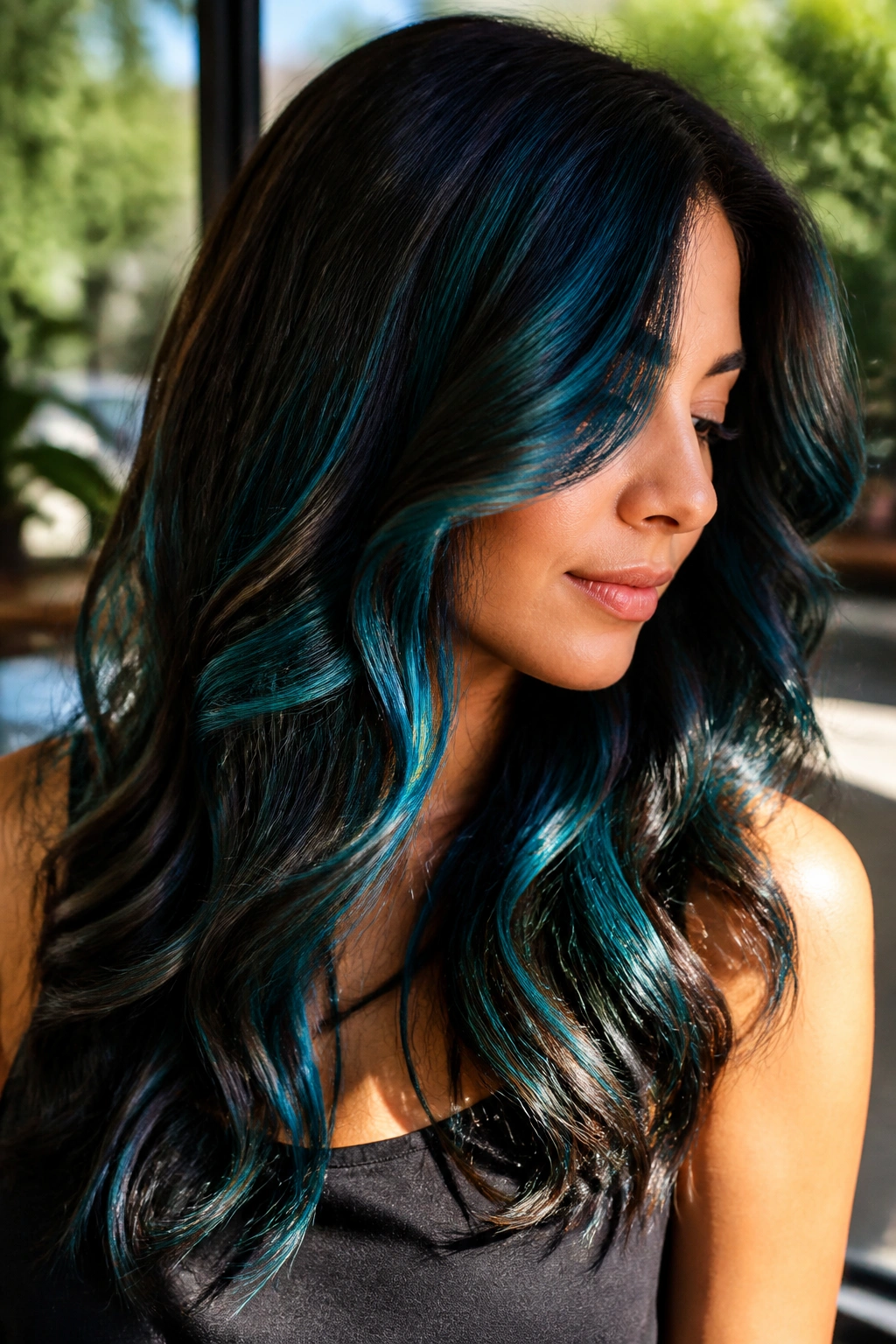 Close-up of a real woman with teal-blue fusion highlights in brunette hair.