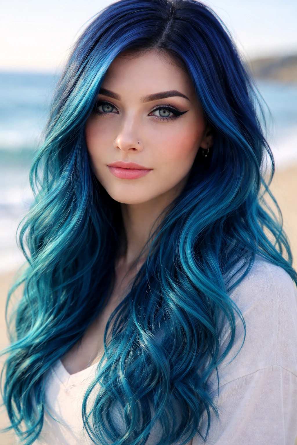 Close-up of a real person with teal-infused blue hair by the sea.