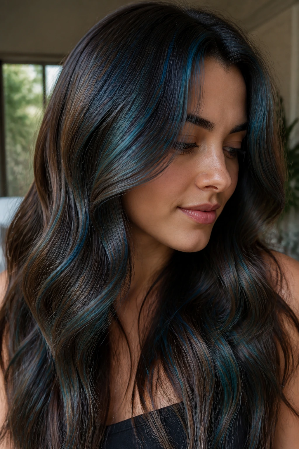 Close-up of warm brown hair with teal blue overlay balayage