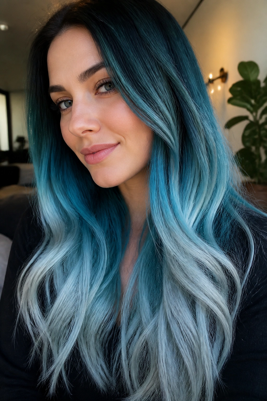 Close-up of teal-blue ombre with silver ends on long hair.