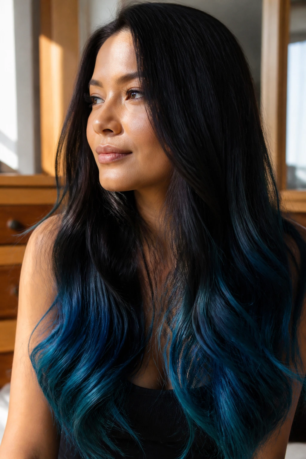 Close-up of a real woman with teal-blue ends on long black hair in a sunlit room.