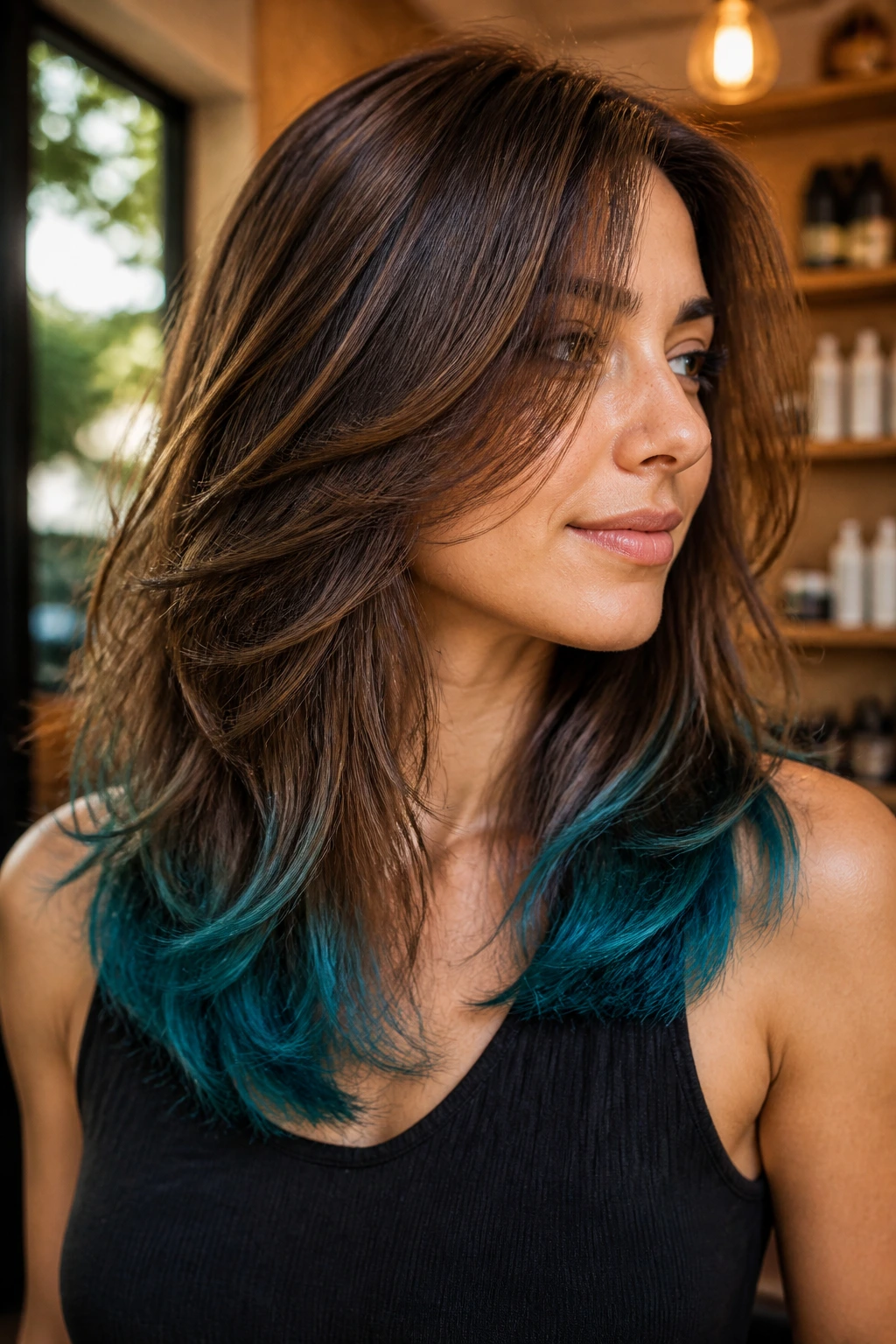 Close-up of layered brown hair with teal-blue dip ends on a real person