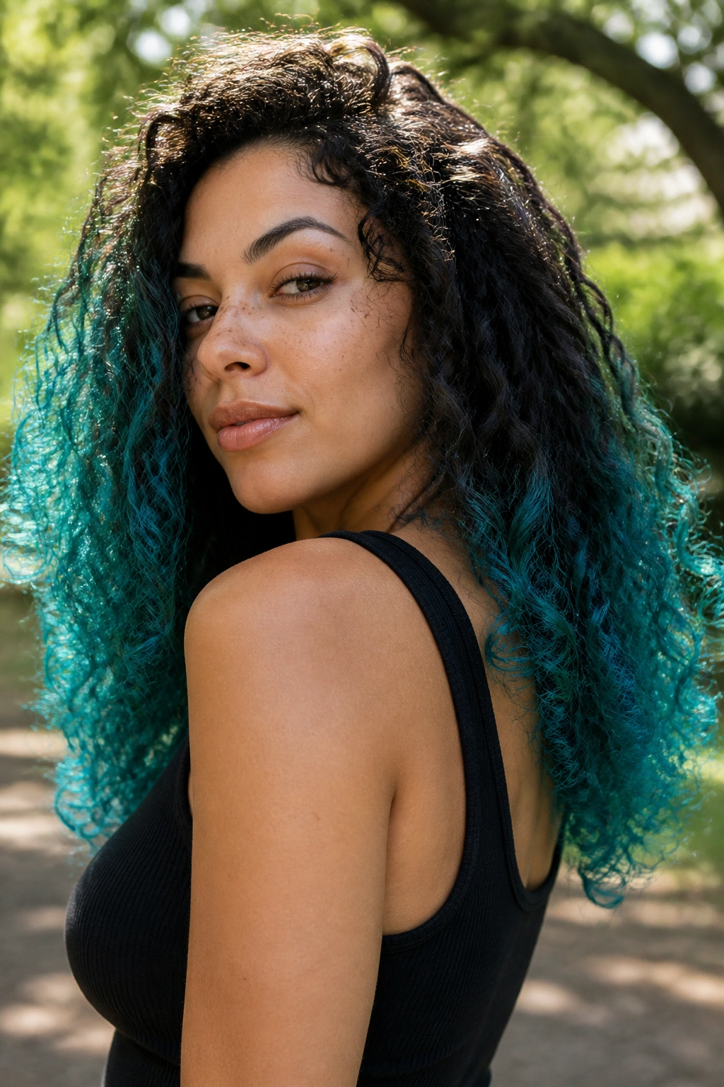 Close-up of real person with teal dip-dye ombre on curls in park light