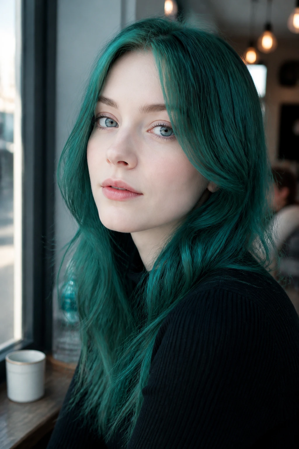 Portrait of a real person with teal-shift emerald hair and very fair skin in daylight.