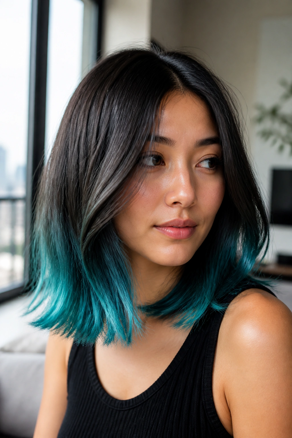 Close-up of a real woman with teal ends on a long bob in natural daylight