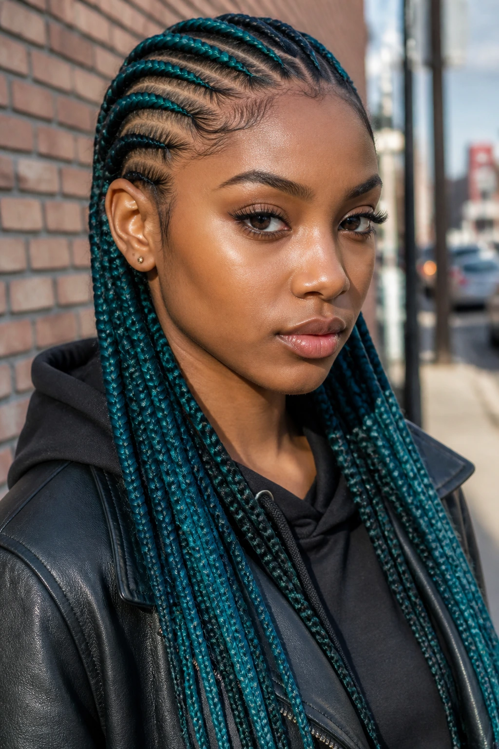Close-up portrait of a real person with teal feed-in cornrows