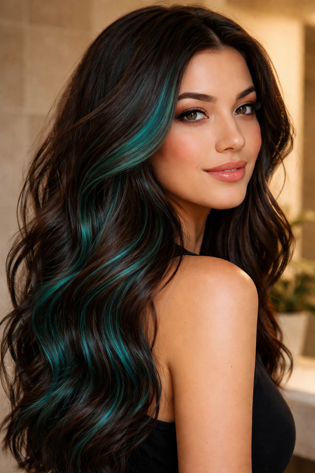 Close-up of a real person with teal gloss on deep brown hair