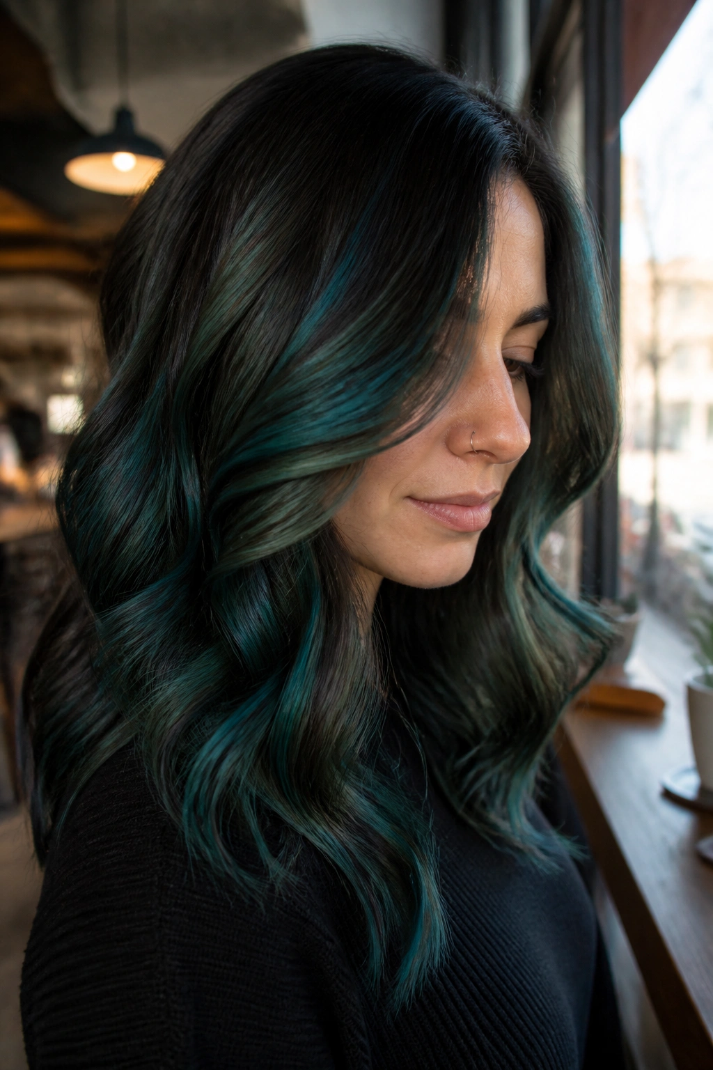 Close-up of espresso hair with teal shifted green highlights