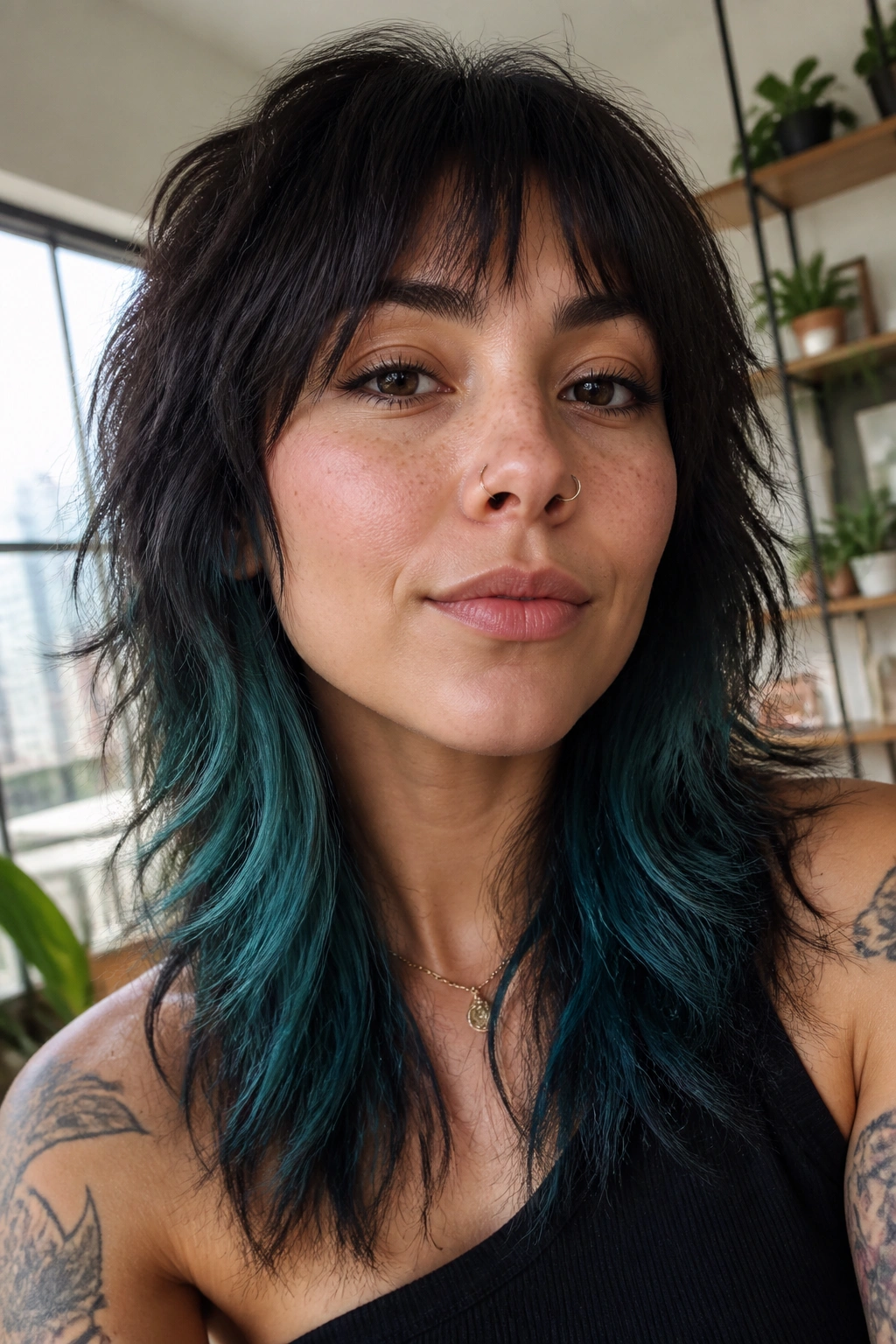 Close-up of a real woman with a wolf cut and teal interior panels