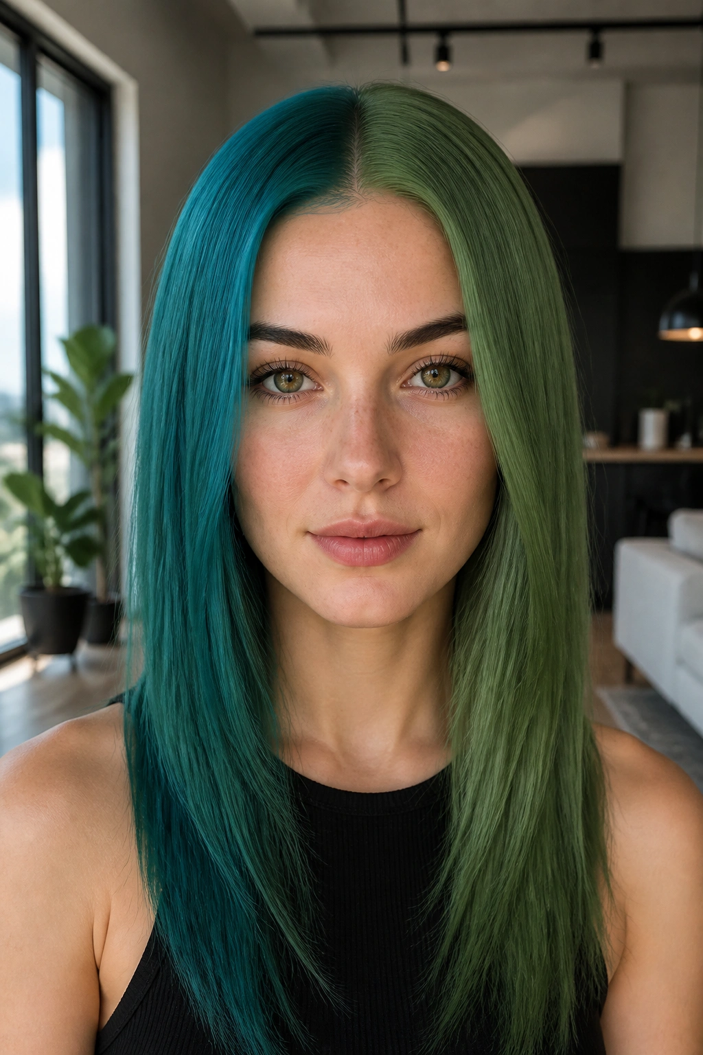 Close-up of a real person with teal-blue and leaf-green split dye hair