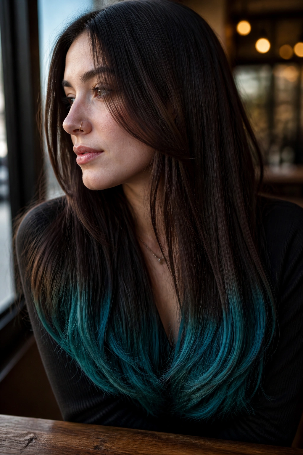 Close-up of a real woman with dark hair and teal-dipped ends on the lower hair length.