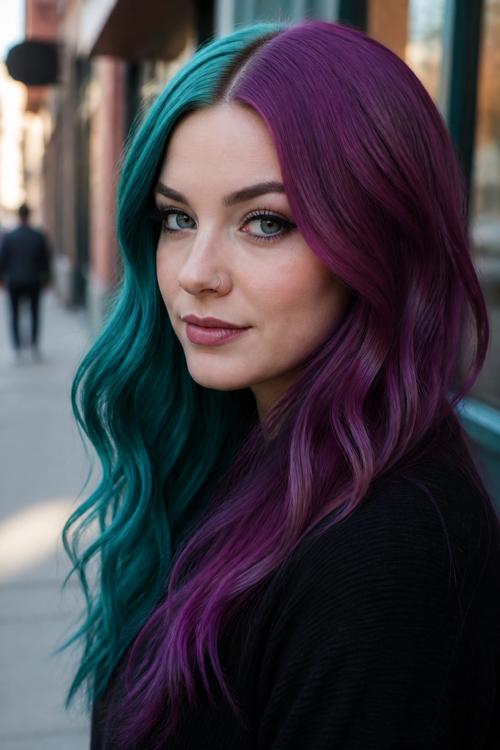 Close-up of a real woman's teal and plum split dye hair outdoors