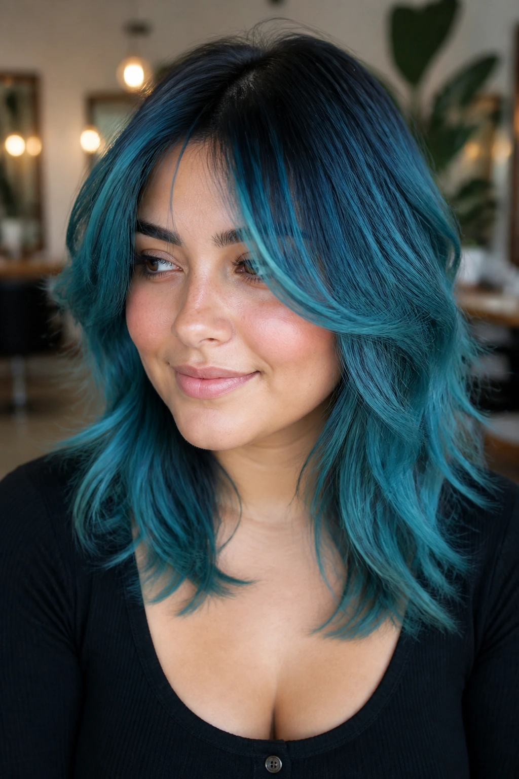 Portrait of a person with teal-blue shadow roots and soft layered hair