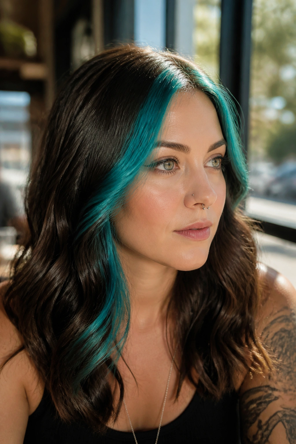 Close-up portrait of a real person with a teal stripe on brown hair, strong contrast