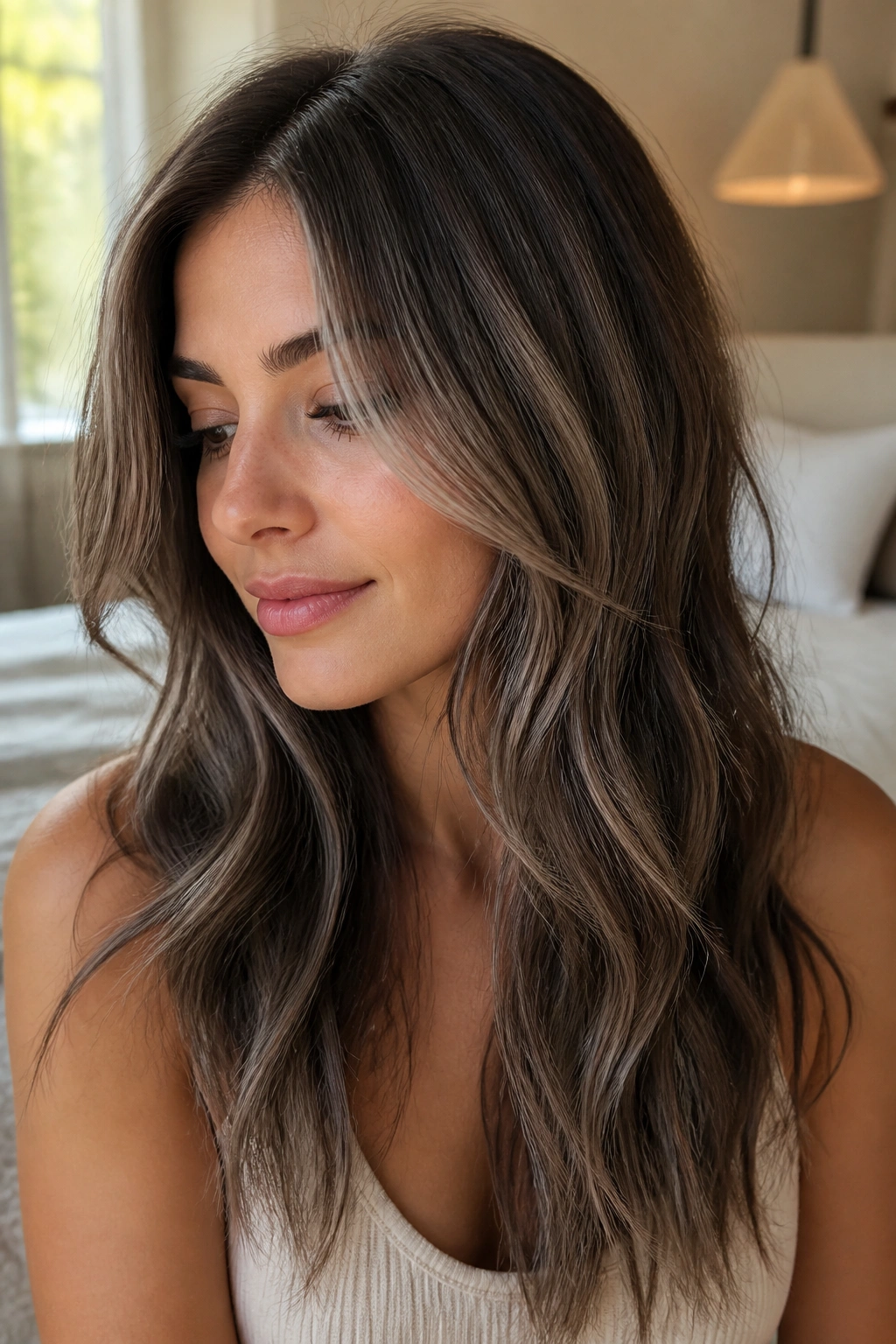 Close-up of brown hair with lived-in silver teasylights on a real person
