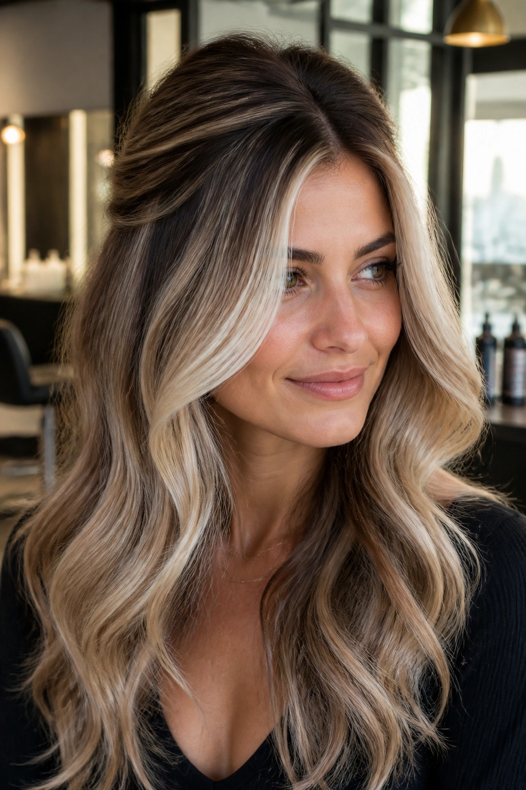 Close-up of a real woman showing seamless platinum teasylights blended into brown hair with face-framing pieces