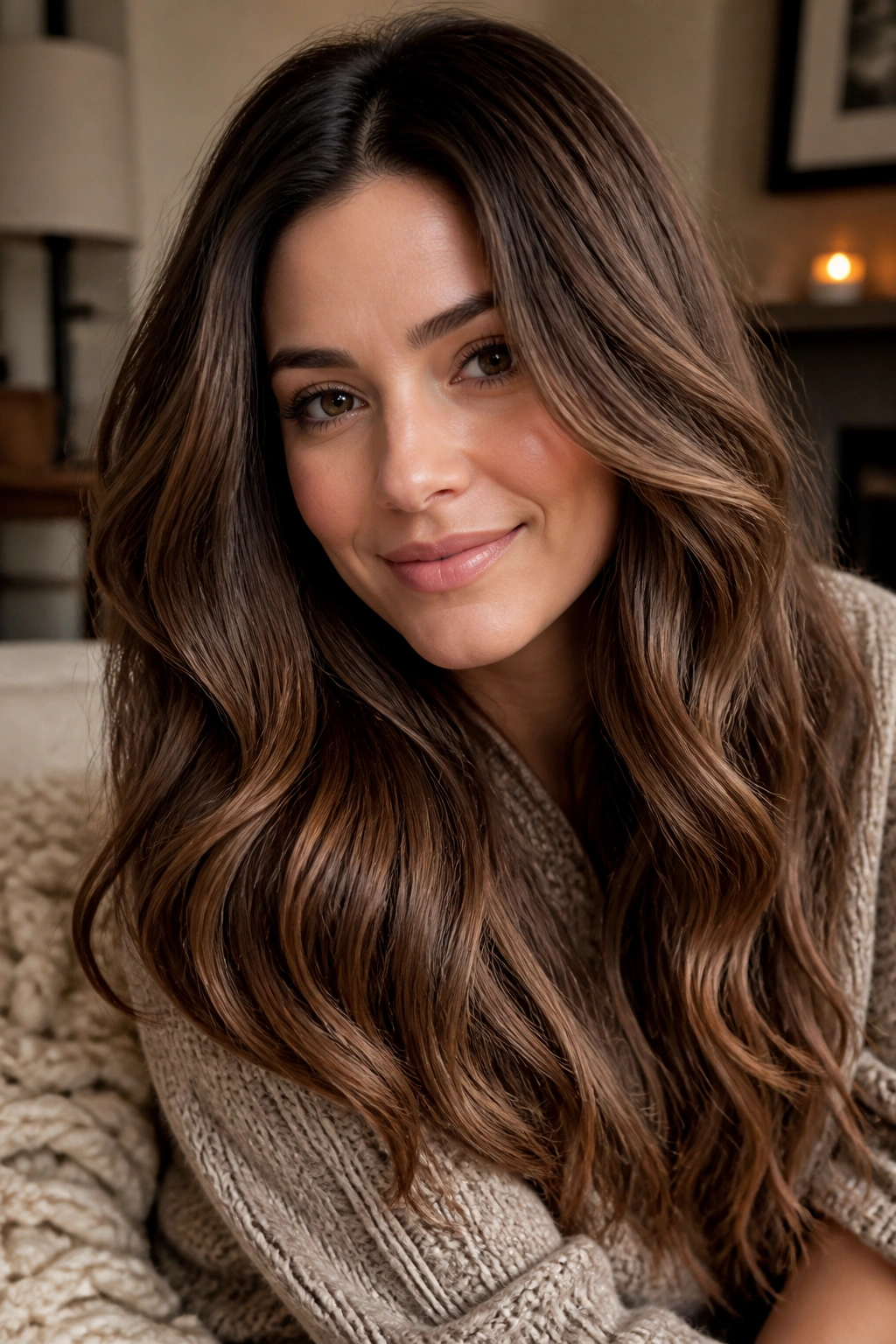 Close-up portrait of a real woman with teddy bear brown hair and a soft root shadow