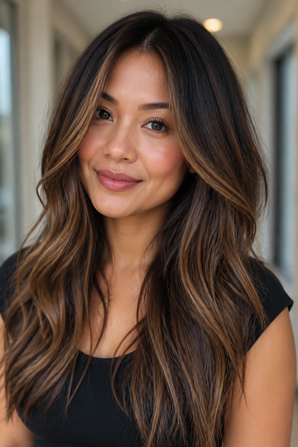 Close-up portrait of a real woman with teddy-brown balayage and vertical placement
