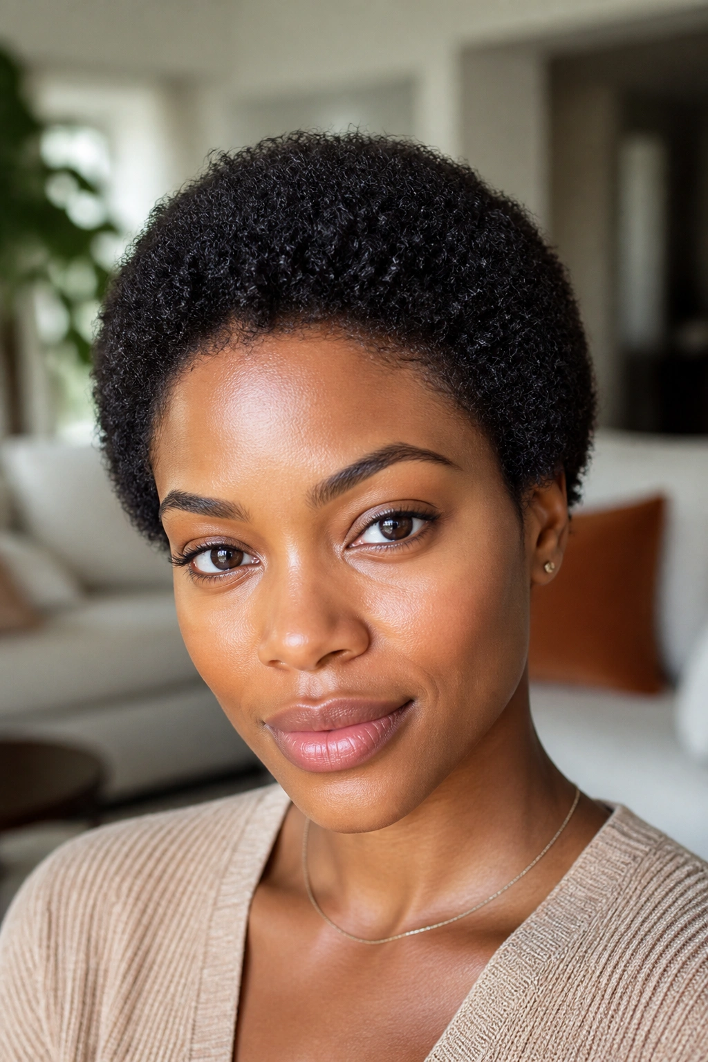 Close-up of a real person with Teeny Weeny Afro in warm living room light