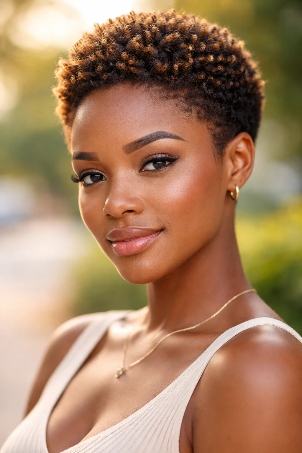 Close-up of a real woman with a short afro and highlights in golden hour light.