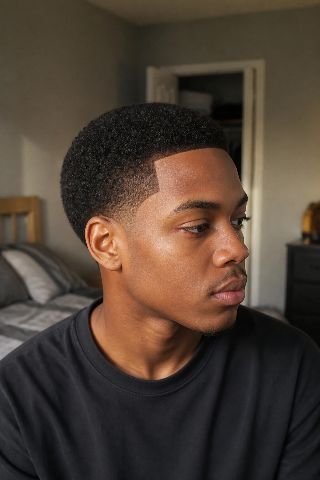 Close-up portrait of a real person with a tight afro and sharp shape-up around the hairline